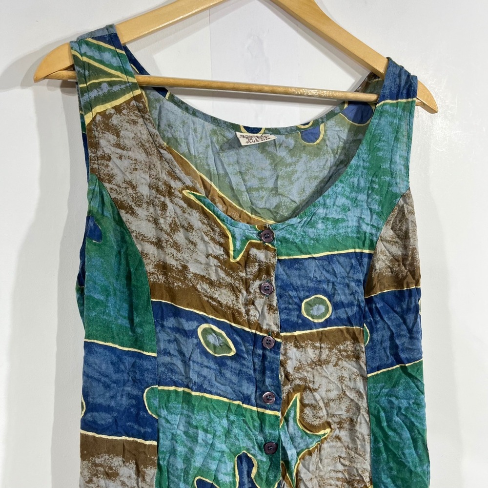 Magic 90s Vintage Resort Boho Abstract Batik Button Front Maxi Dress Women Large - Picture 2 of 8